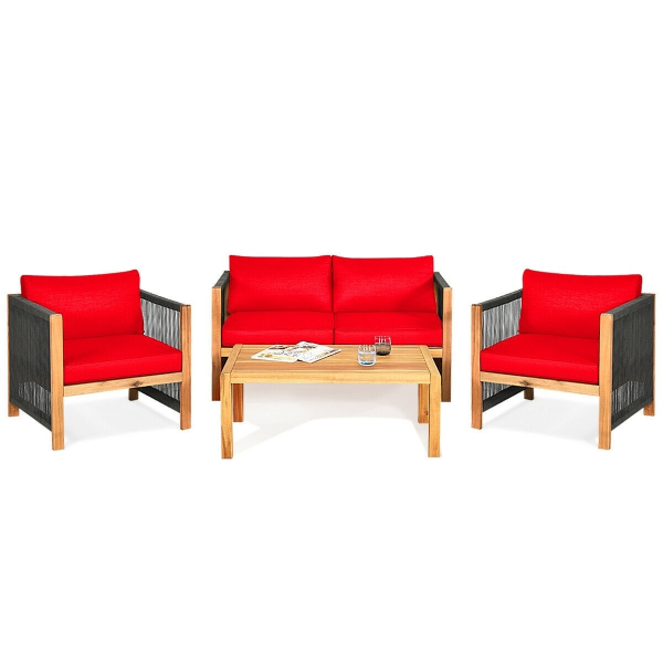 Acacia Wood 8-Piece Cushioned Patio Furniture Set - Red