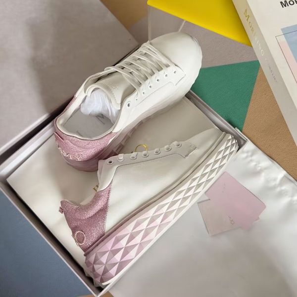 Famous Design Women&#039;s Diamond Maxi F-II Sneakers Shoes White & Silver-Pink Nappa Leather Glitter Trainers Party Dress Embossed Lady Out