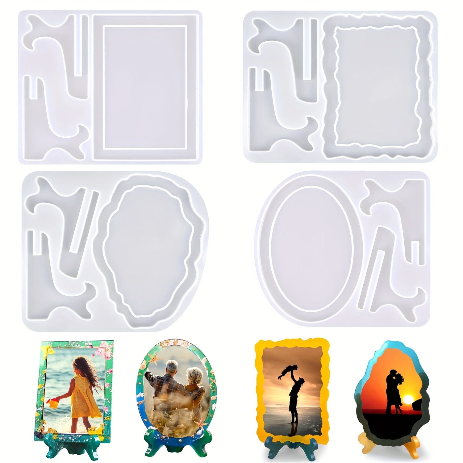 TEMU 4pcs Resin Mold For Photo Frame, Picture Frame Resin Molds With Stand Holder, Rectangle & Oval Of Irregular Edge Frame Silicone Molds For Resin