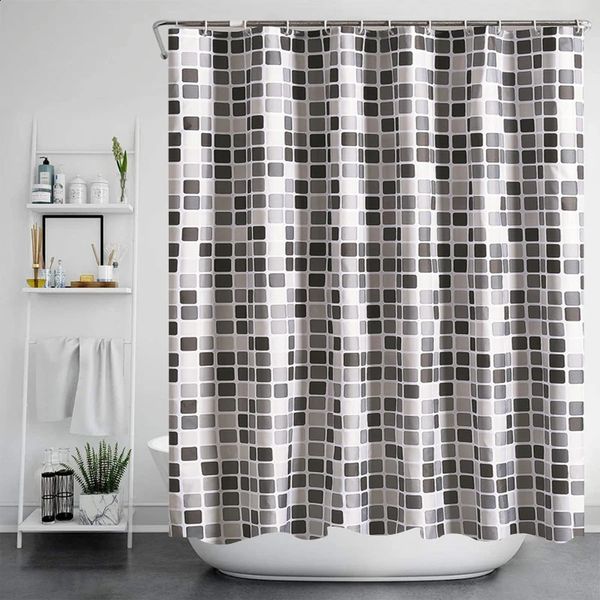 Modern Mosaic Flat Bathroom Curtains Fabric Thick Cloth Waterproof Shower with Hooks Home Decoration 240828