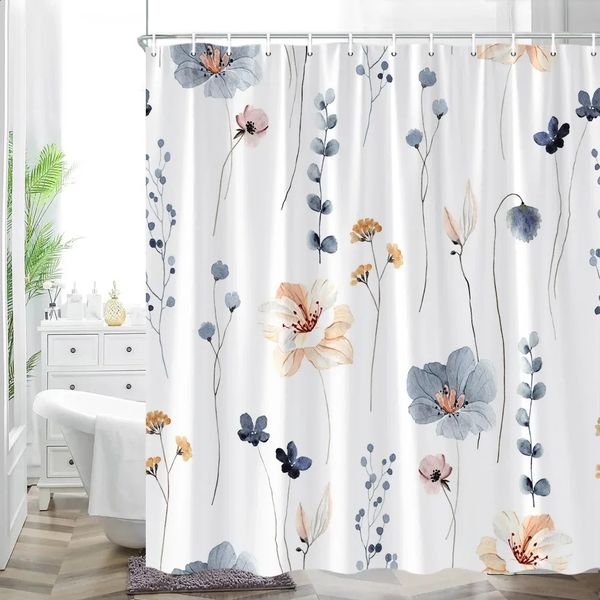 Yellow and gray floral shower curtains watercolor modern minimalist white fabric bathroom decoration 240828