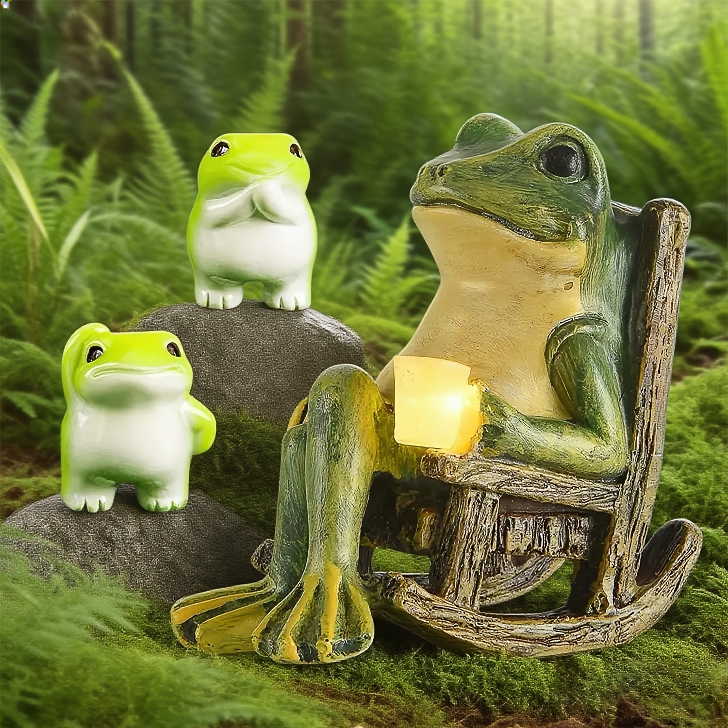 TEMU Solar-powered Frog Statue With Led Light - Resin Garden Decor, Relaxing Frog Figurine In Rocking Chair, Perfect For Outdoor, Patio, Lawn, And