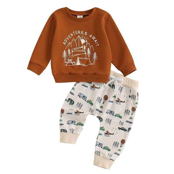 Baby boy autumn clothing letter printed long sleeved crew collar sweater with car tree pattern pants 2PCS set suitable for young children Y2