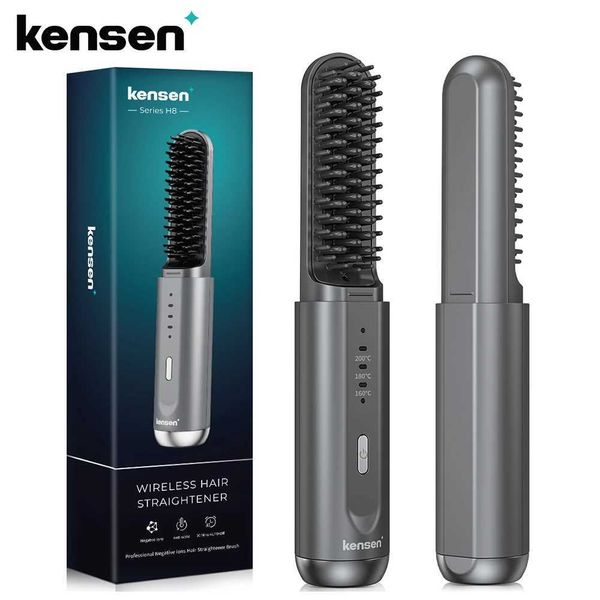 kensen Hair Straightener Brush Negative Ion USB Rechargeable Wireless Fast Heat Straight Curly Hair Styling Comb for Men Women Z250122
