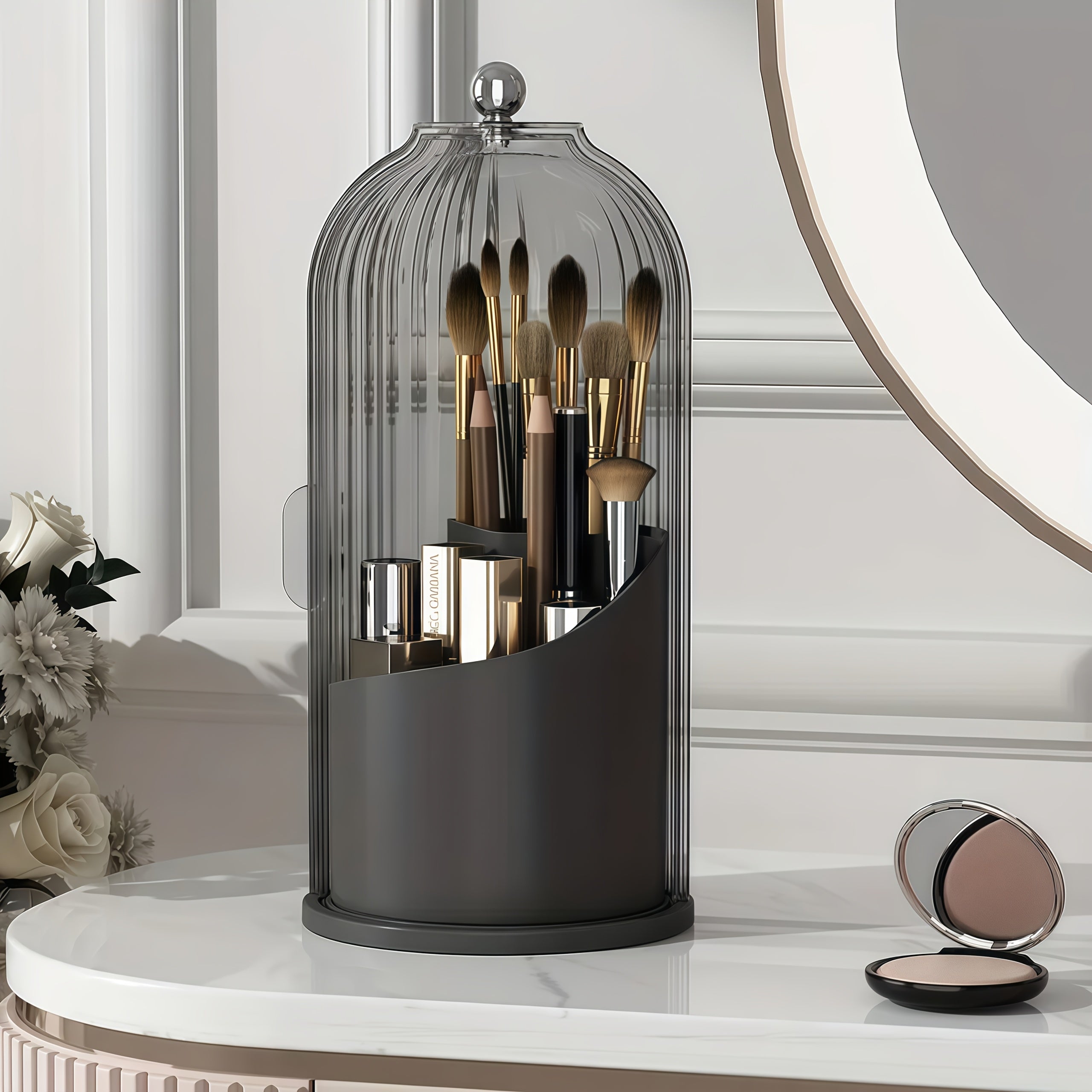 TEMU Makeup Brush Holder Organizer With Clear Lid 360 Rotating Sliding Opening Dustproof Brushes Container For Vanity, Shelves