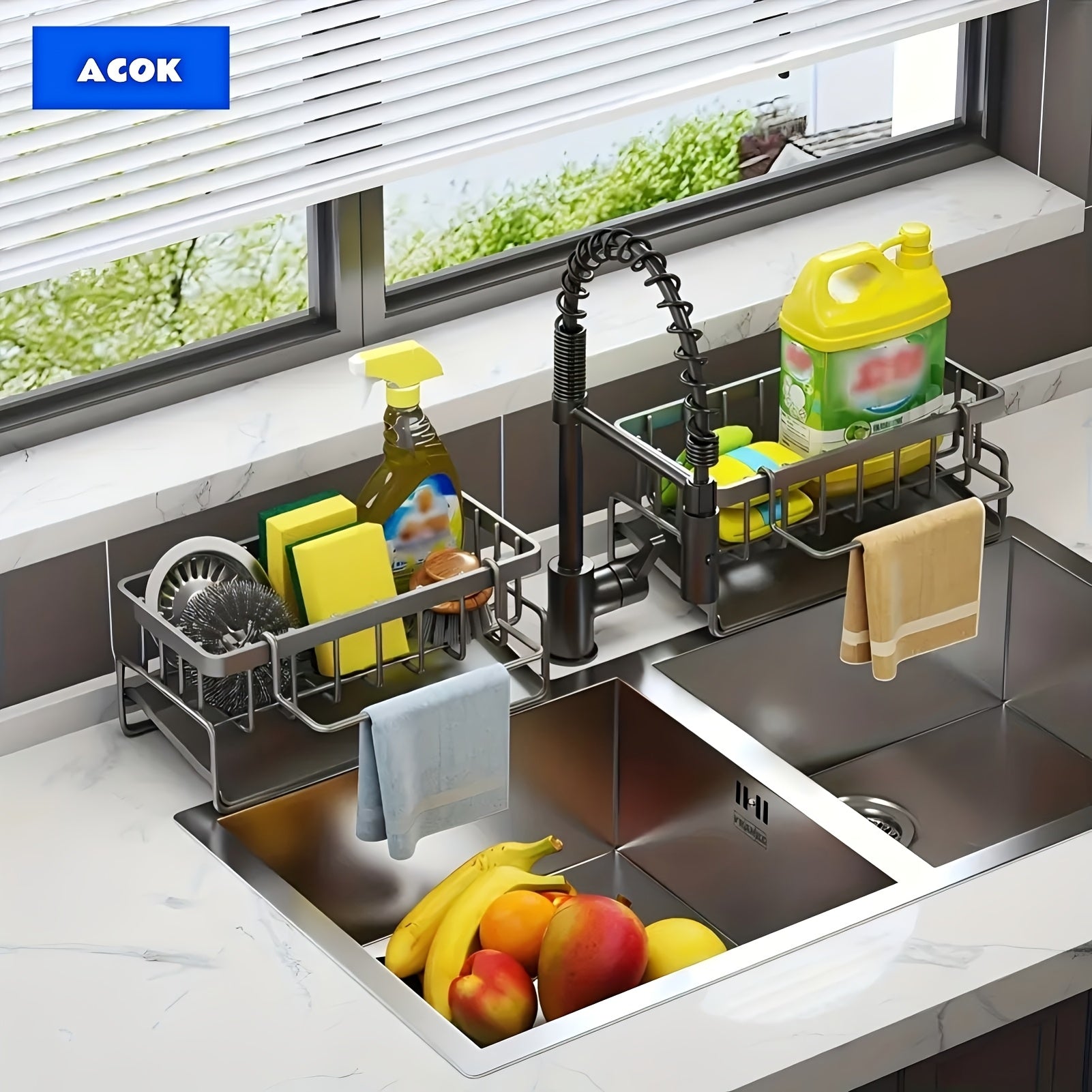 TEMU Kitchen Sink Sponge Rack, Self-draining Kitchen Sink Organizer, Sink Rack, Dish Soap Scrub Accessories For Countertop Baskets, Buckets And