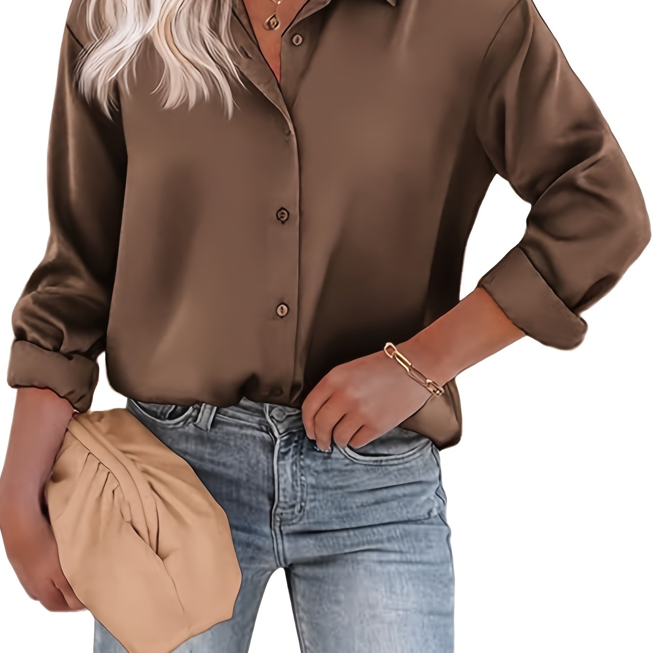 TEMU Coffee-colored, Wrinkle-free Satin Long-sleeved Shirt For Women's Autumn And Winter, High-end Formal Work Shirt, Mature Business Attire, Button-