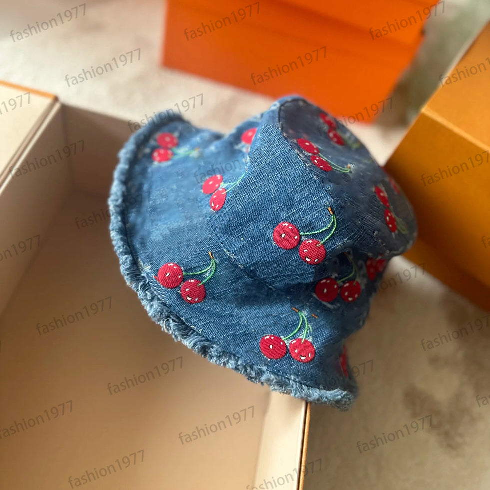 Designer bucket hat cowboy hat cherry foldable hatwide brim hats women jeans bucket hat denim fitted flanging bonnet fisherman sunhat cap sunscreen