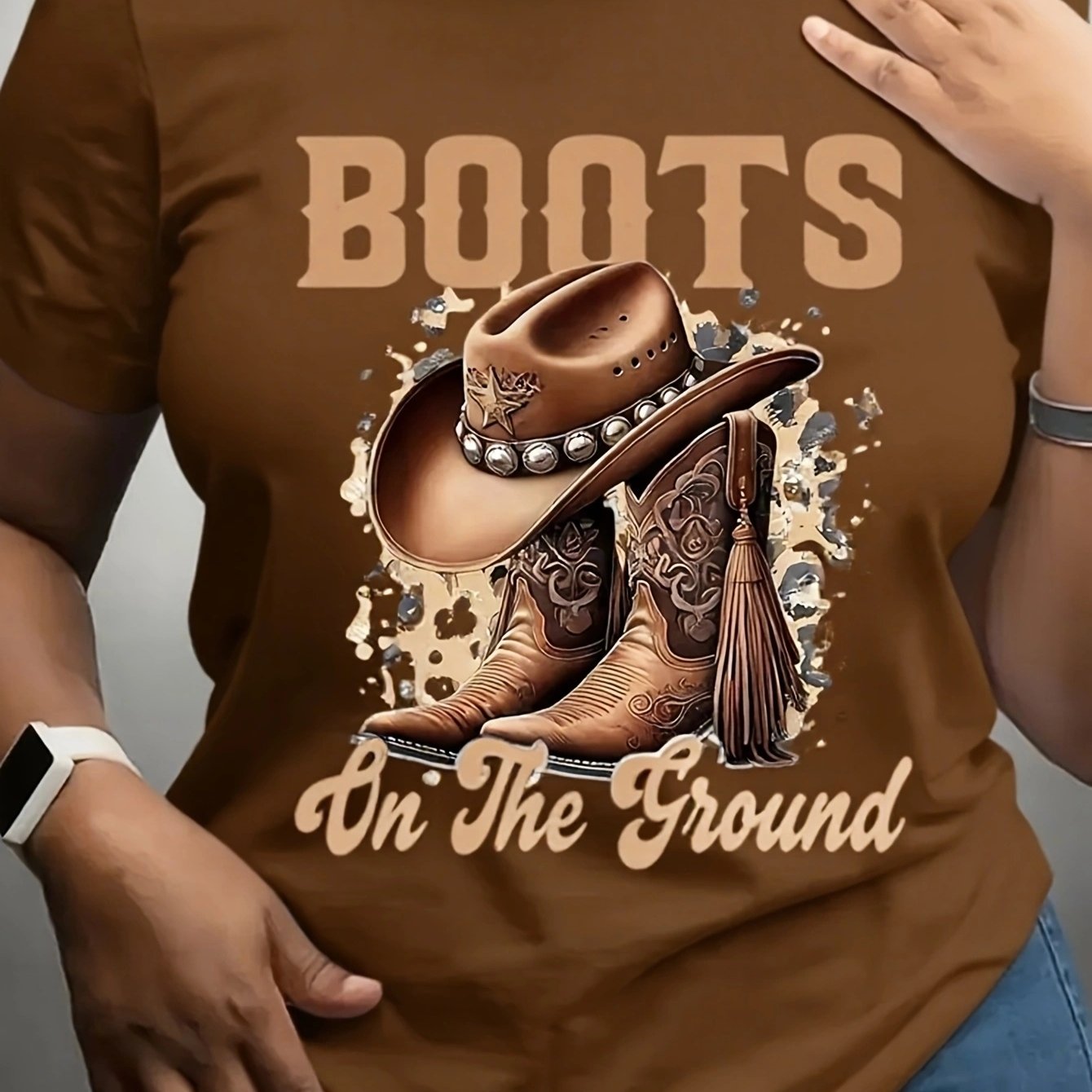 TEMU Boots On T-shirts, Retro Trendy Denim-style Women's Top. Pure Cotton Crew Neck, Lightweight, Breathable And Soft. Vacation And Daily Wear, ,