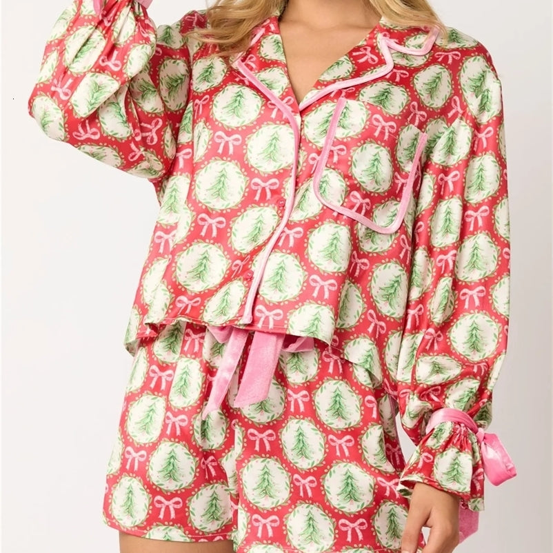 Christmas Pajamas for Women Bow Tie Long Sleeve Shirt Shorts Satin Silk Funny Graphic 2 Piece Pjs Set Sleepwear 250110