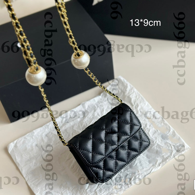 Luxury Lambskin Card Holder Lipstick Vanity Cosmetic Case Bag With Double Pearls Ball Gold Matelasse Chain Cross Body Handbag Waist Chest Tiny Purse