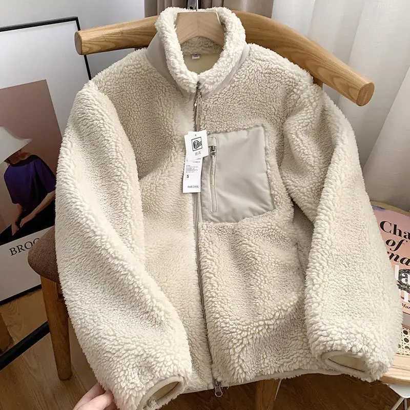 Fashion cashmere jacket womens autumn new item pocket zipper long sleeved loose stand collar comfortable warm jacket M250103