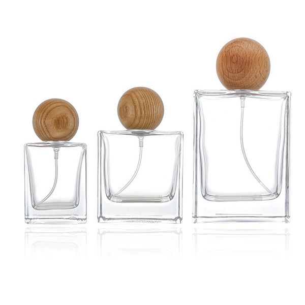 30-50-100ml Square Perfume Bottle Spherical Wood Cap Spray Bottle High-End Perfume Sub-Bottling Glass Cosmetic Packaging Bottle