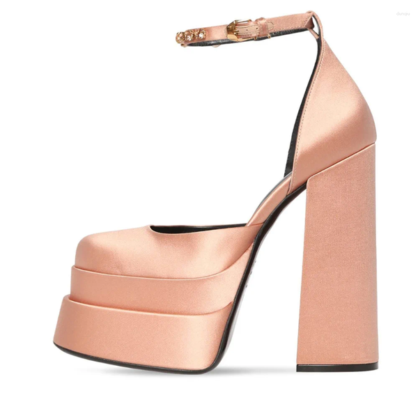 High Heels Double Sandals Waterproof Summer Platform Women Shoes Chunky Vintage Lady Satin Square-headed Suede Chaussures 32