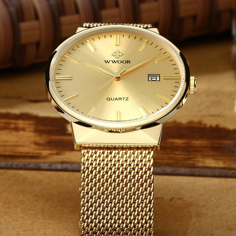 Fashion Wwoor Top Men Simple Slim Watches Gold Steel Mesh Ultra Thin Waterproof Date Wrist Watch Golden Clock 241122