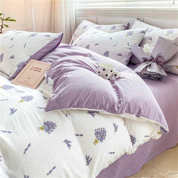 Home Textiles Soft Four-piece Bedding Set case Purple Washed Cotton Flower Duvet Cover for Children Women Men Bed Sheet Y250122