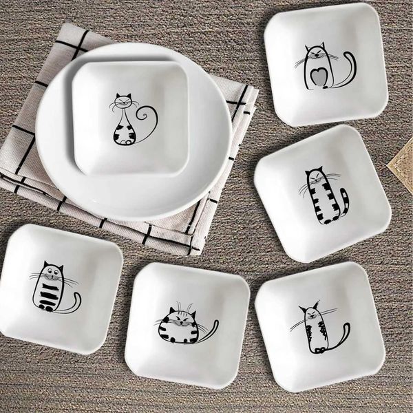 Cute Cat Ceramic Sauce Dish Mini Side Seasoning Condiment Dishes Sushi Soy Dipping Bowl Dishes Meow Porcelain Small Saucer Set Y240902