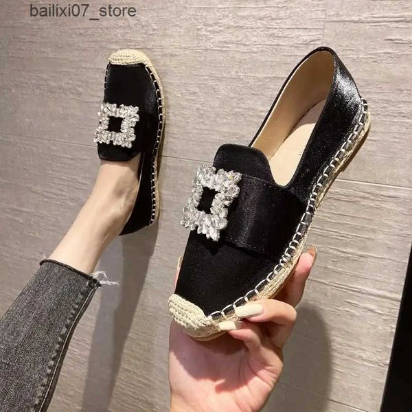 Sandals Satin Espadrille Moccasins womens large square crystal Loafers womens design elegant slide on Fishman shoes L240910 L240910