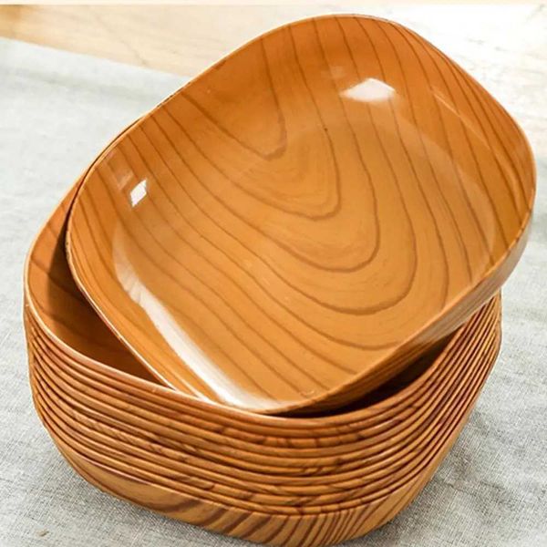 1pc Kitchen Wood Grain Plastic Square Plate Japanese Simple Wood Grain Dish Set For Tableware Kitchen Bowl Dish DinnerwareC241213