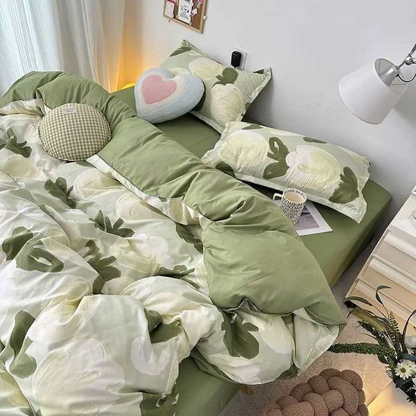 INS Tulip Bedding Set Green Floral Duvet Cover Queen Full Twin Size Flat Bed Sheet Floral case Girls Bed Linen NO FillingC250111