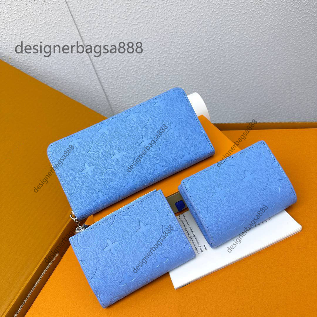 Designer Blue embossed wallet Holder Men Women White Long and short embossed zipper Purse Chain Handbag Coin purse Bean purse Credit Card Bag