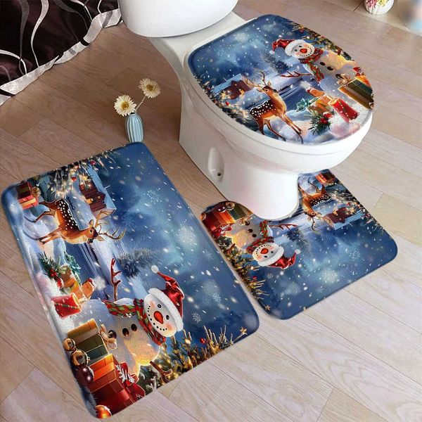 Winter Christmas Bath Mat Set Cute Snowman Elk Christmas Tree Gift Forest Snow View Home Bathroom Decoration Floor Carpet Toilet Cover M2408