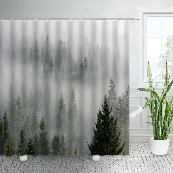 Mist Forest Shower Curtains Mist Pine Tree Natural Landscape Bath Curtains Set Home Polyester Fabric Bathroom Decoration with Hooks W240808