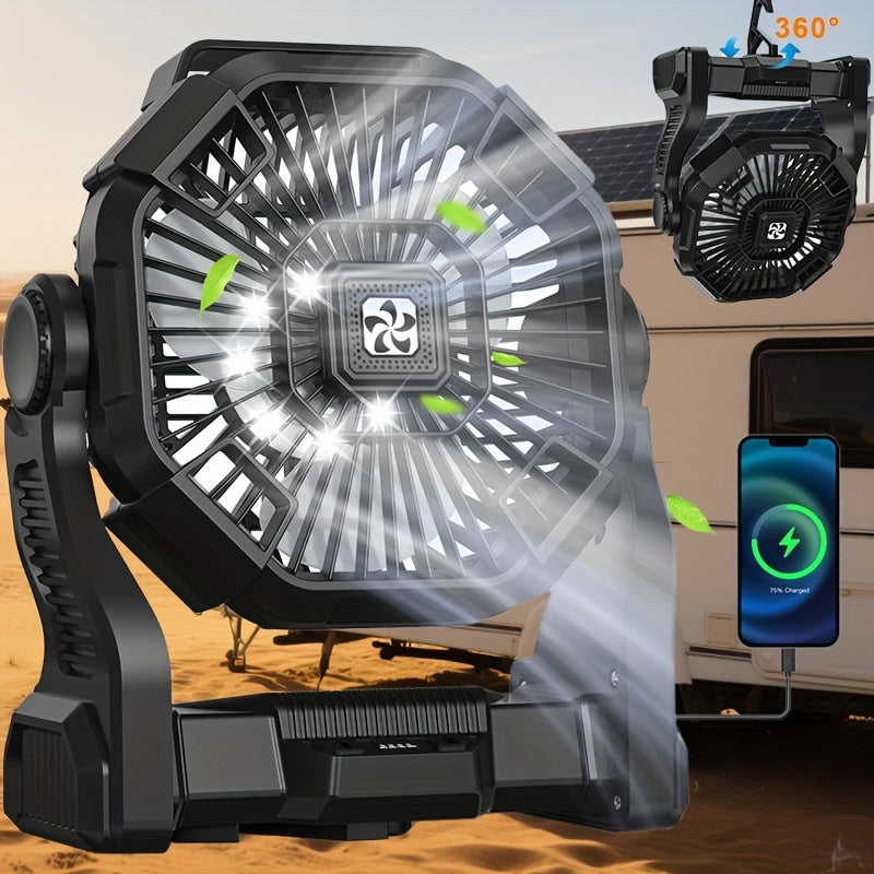 TEMU Charging+lighting+fan 3-in-1 Portable Camping Fan, 20000mah, Car Fan With Led Light, Usb Powered Desktop Fan, Hook, Suitable For Indoor And