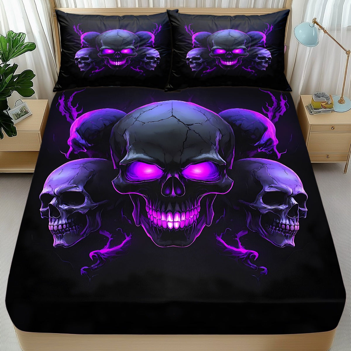 TEMU Cool Black Bedding Set 3pcs Fitted Sheet And Pillowcases, Soft Breathable Material, Modern Edgy Design For Teen And Adult Rooms, Dorm Apartment,