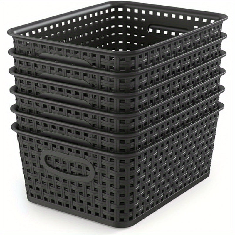 TEMU High-quality Woven Plastic Storage Baskets, 6pcs Black Weave Bins Organizer, 10.1" X 7.55" X 4.1" Suitable Home, Office, Desktop, Wardrobe,