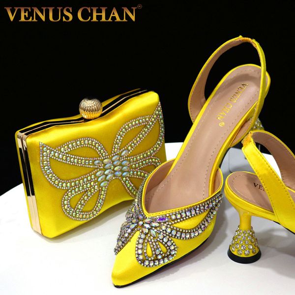Yellow Bowknot Pointy Toe High Heel Sandals with Matching Bag Set