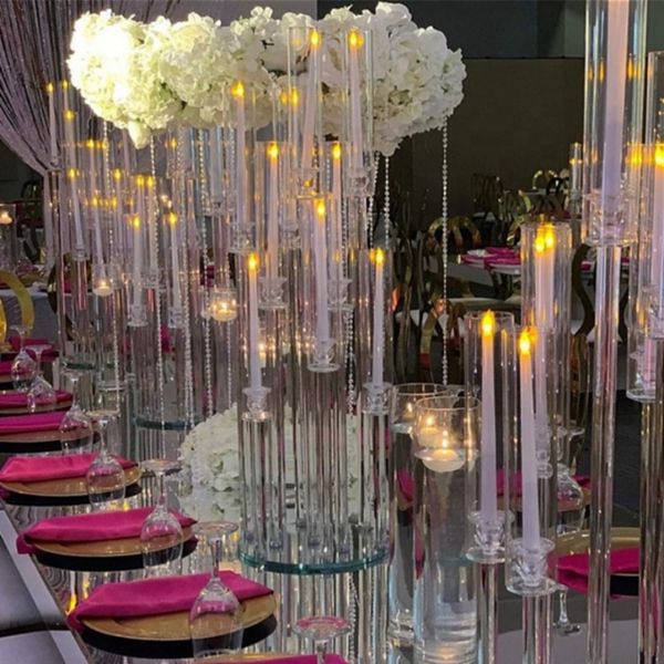 10 Arms Wholesale Long Stemmed Modern Clear Acrylic Tube Hurricane Crystal Candle Holders Wedding Table Centerpieces Candelabra FY3802 Bb110