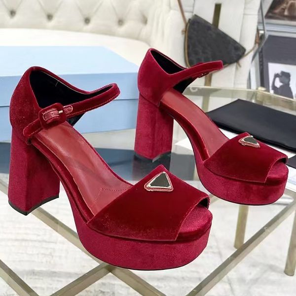 Platform heels Sandals Designers shoes Fashion velvet triangle buckle decoration high heeled shoes 10cm Chunky Heel Ankle Strap Party Dress