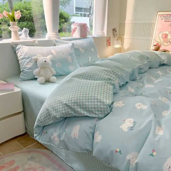 Cute Dog Bedding Set New Arrival Blue Twin Queen Duvet Cover Flat Sheet Pillowcase No Filler Girl Boys Hotel Home Bed LinensC241021
