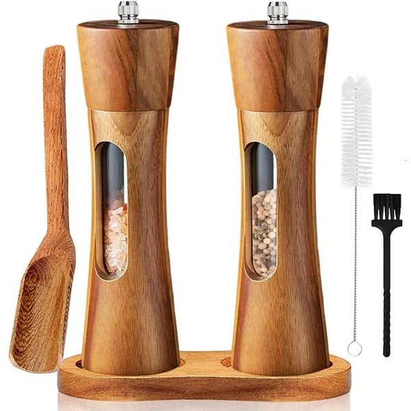 8inch Sets Wooden Salt and Pepper Grinder With BaseCeramic Core Transparent Window Manual Pepper Mills Kitchen Spice Shaker Set 250211