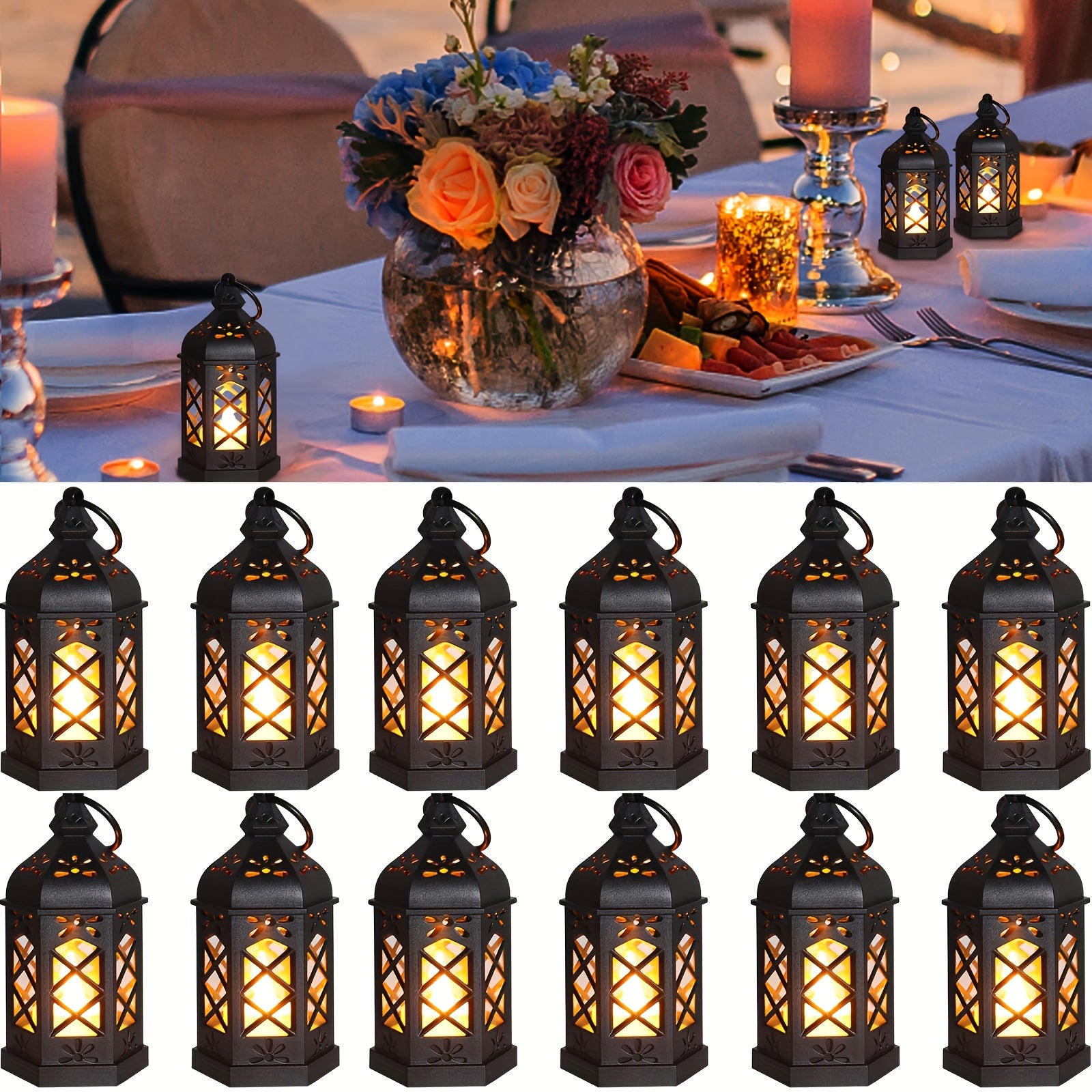 TEMU 12pcs Vintage Led Hanging Lanterns With Flameless Flickering Candles - 5-inch Warm White & Glow Indoor- Chandelier Decorations, Easy Assembly,