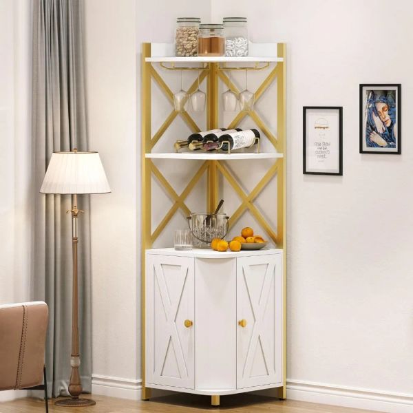 Glass & Holder, Industrial Corner Shelf with Wine Storage, 5-Tiers Liquor Cabinet Bar