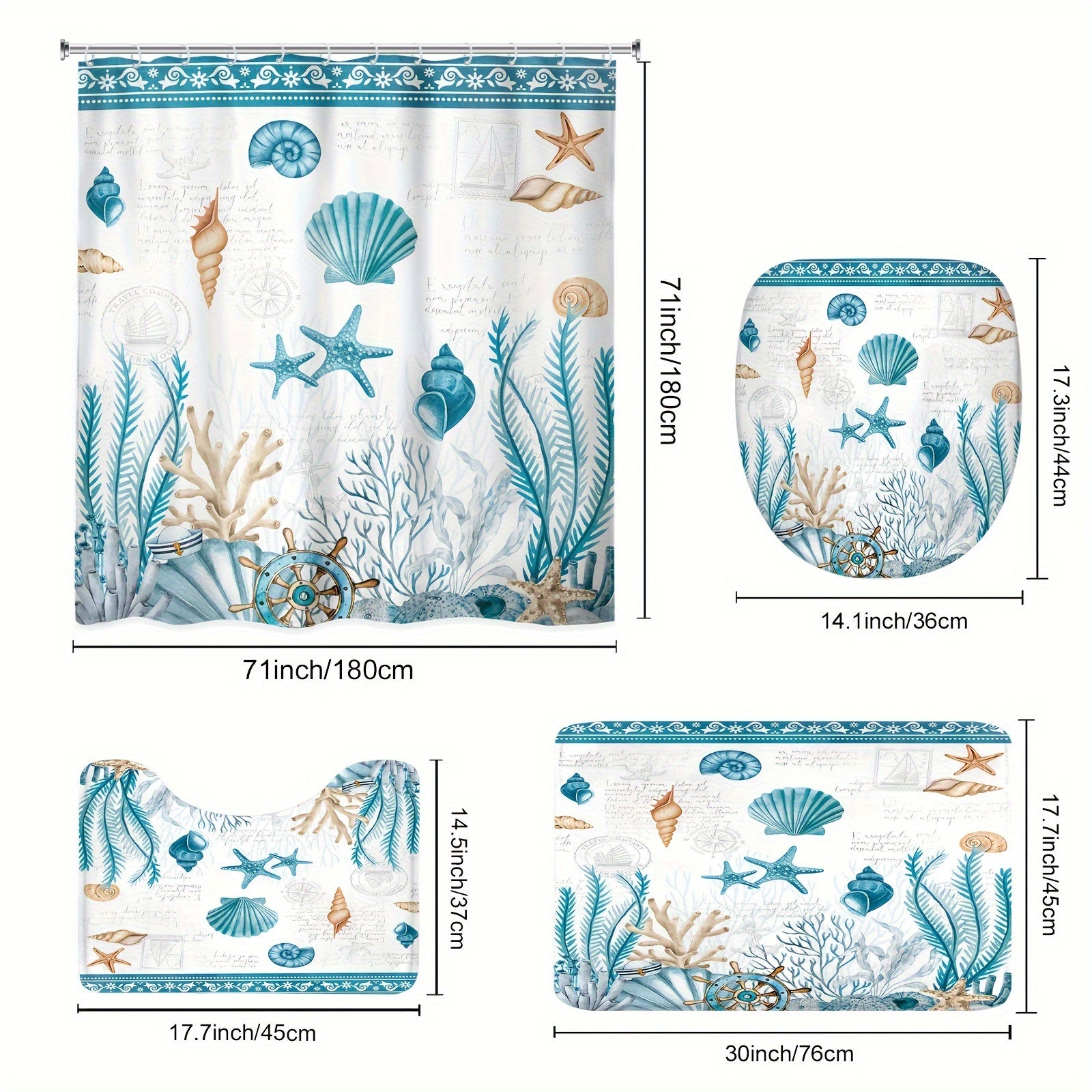 TEMU 1pc-4pcs Vintage Beach Shower Curtain Set, Rustic Ocean Theme Teal Nautical Coastal Starfish Seashell Modern High Quality Shower Curtain With