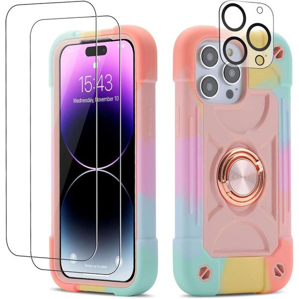 iPhone 14 Pro Max Case 6.7 Inch Ring Stand, with 2 Glass Screen Protector + 1 Pack Camera Lens Protector,Heavy-Duty Shockproof Military Grad