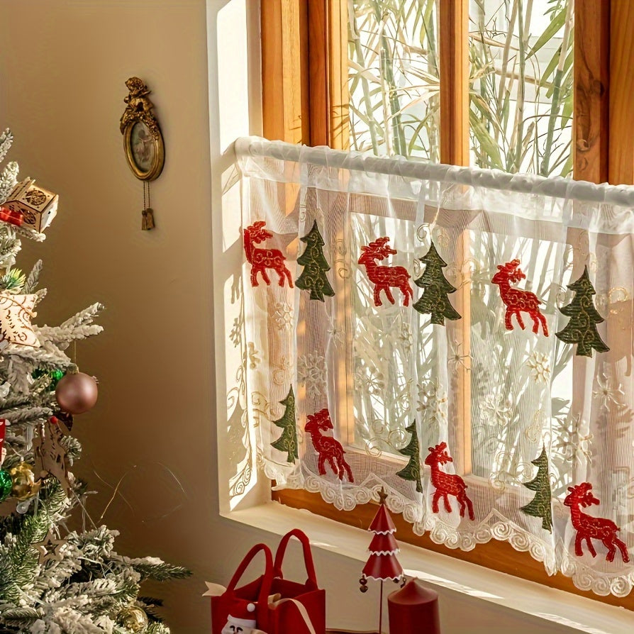 TEMU 1pc Christmas Elk And Tree Embroidered Colorful Sheer Curtain With Rod For Easy Hanging, Perfect For Canteen & Living Room & Bedroom Decor