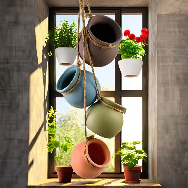 TEMU 4pcs Bohemian Geometric Hanging Baskets - Lightweight Porcelain Planters With Drainage Channels, Indoor-outdoor Hanging Flower Pots With Hemp