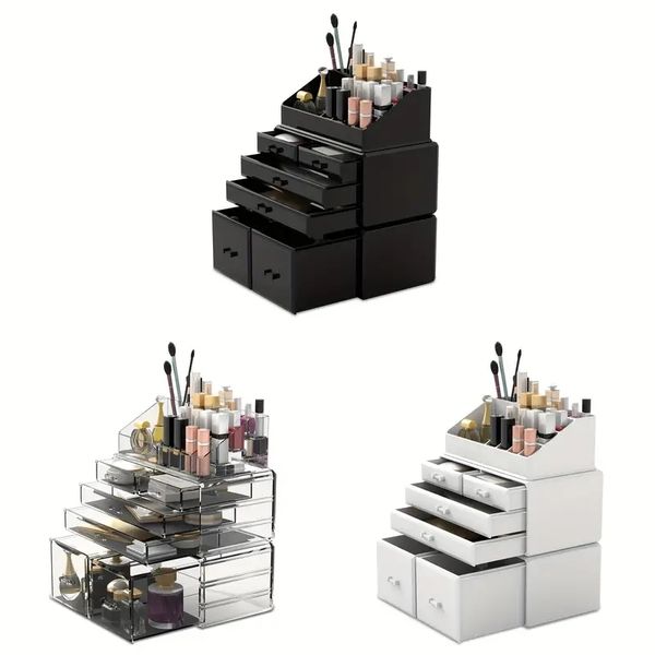 Makeup Organizer Acrylic 3 Pieces Cosmetic Storage Drawers Jewelry Display Box With 6 Drawers For Dresser, Bathroom, Vanity & Countertop Sta