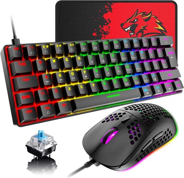 Keyboards MAMBASNAKE T60 60% Wired Mechanical Gaming Keyboard and Mouse Combo Ultra-Compact Mini 62 Keys Type C Chroma 20 Rainbow Backlit H2