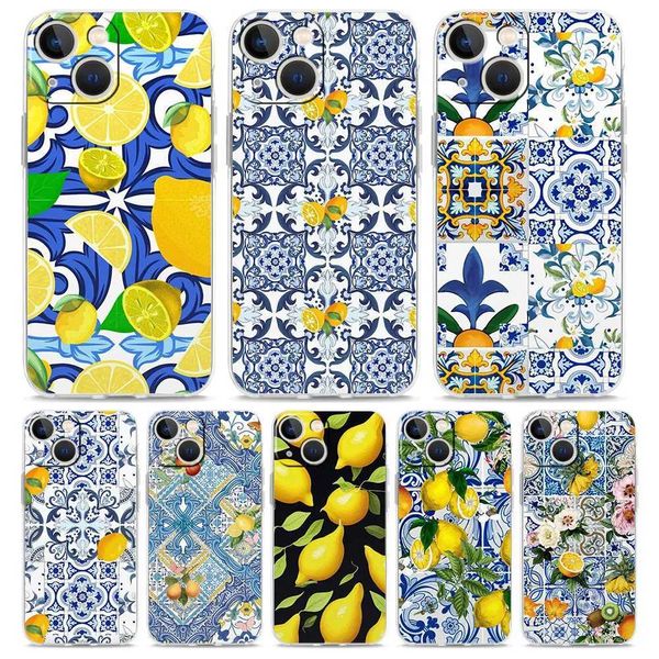 Mediterranean Lemon Transparent Phone Case Suitable for iPhone 15 14 12 11 Pro Max XS X XR SE 7 8 Plus TPU Transparent Lens Protective Cover