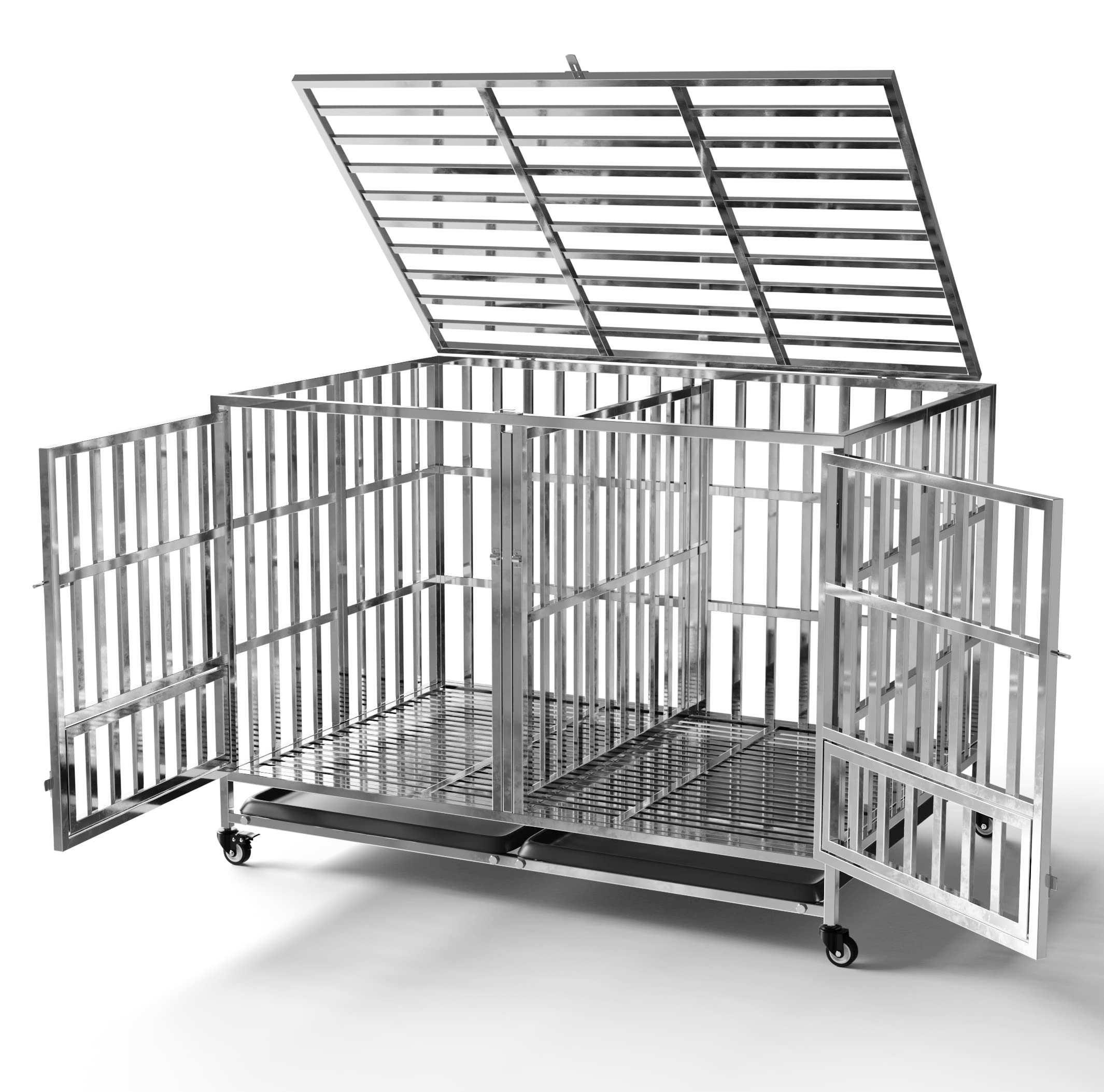 Garvee 48" Heavy Duty Dog Crate Cage Kennel with Isolation Fence, Full Stainless Steel High Anxiety Indestructible Dog Crate, Small Door Design & Remo