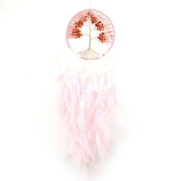 Tree of Life Wrapped Natural Rose Quartz Chips Woven Web-Net with Feather Decorations