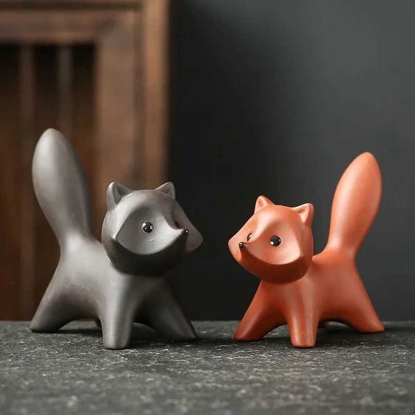 Purple clay cute little fox handmade tea pet decoration tea set accessories creative tea table decoration handmade craft decoration W240815