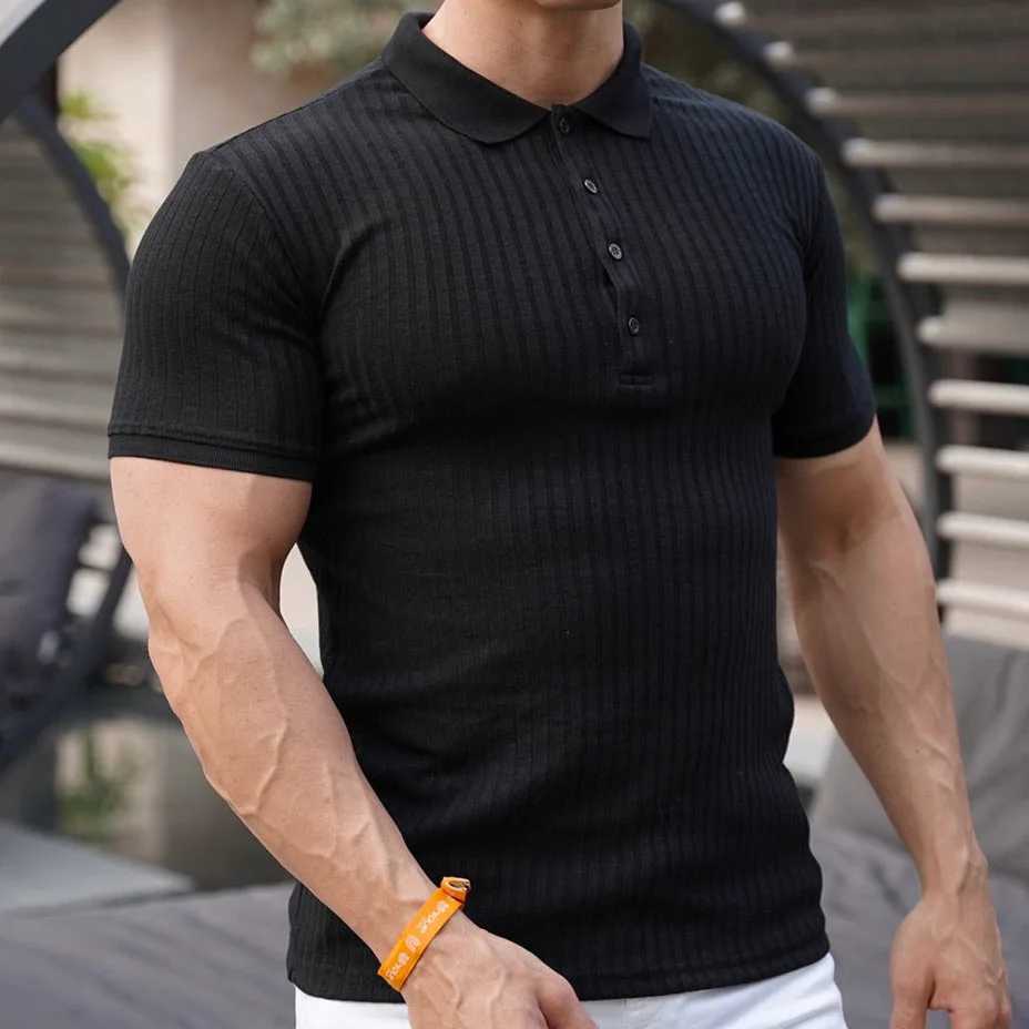 New Summer Mens Pole Solid Color Striped Fitness Short Sleeve Polo Shirt Mens Fashion Stand Collar Mens Shirt TextureXJ240920