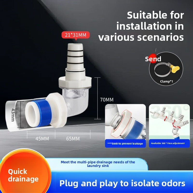 90 Degree Wall Rotating Washer Drain Pipe Anti-odor Backflow Vae Straight-through Connector