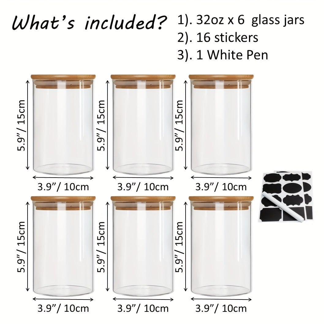TEMU 6pcs Glass Food Storage Jars Set With Bamboo Lids - 32oz Airtight Clear Glass Canisters, Dishwasher & Microwave Pantry Containers For Pantry